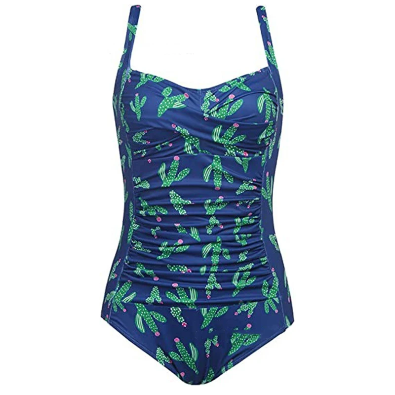 Traje de baño con estampado Vintage para mujer, traje de baño plisado de cintura alta de una pieza, monos de baño simples y elegantes 2025