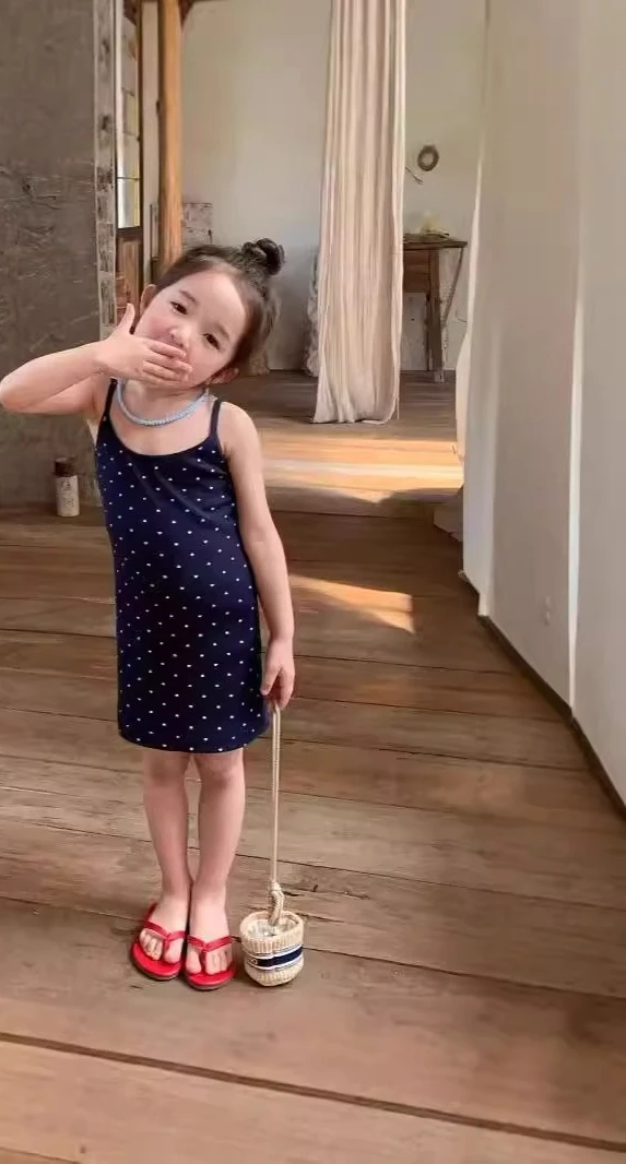 Girls Camisole Dress Summer New Korean Version with Polka Dot Print Cute Mid Length Jumpsuit Vest Skirt for Children
