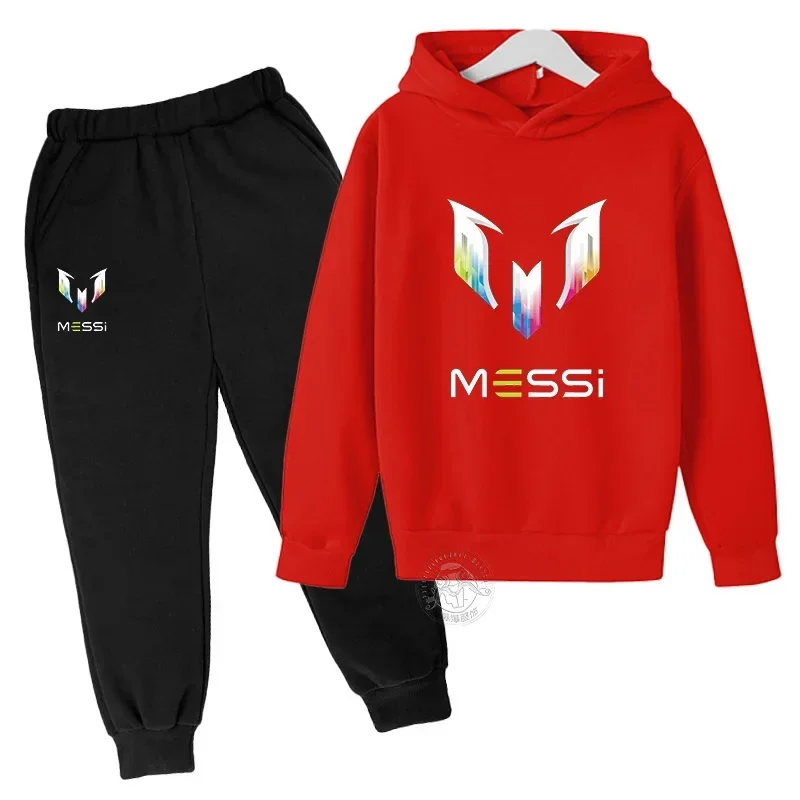 Messi Letter bedrukte kinderkleding herfst- en wintertrui met capuchon, lange broek, tweedelig casual sportpak voor jongens en meisjes