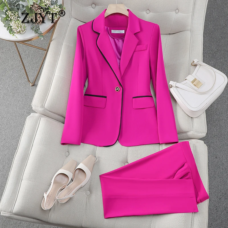 

ZJYT Office Lady One Button Blazer Trousers Sets Women's Suit Pants Sets Elegant Conjuntos Para Mujeres 2 Piezas Business Outfit