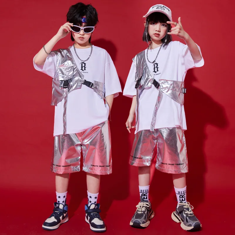 

Kid Cool Hip Hop Clothing Silver One Shouder Vest White T Shirt Top Casual Shorts for Girl Boy Jazz Dance Wear Costumes Clothes