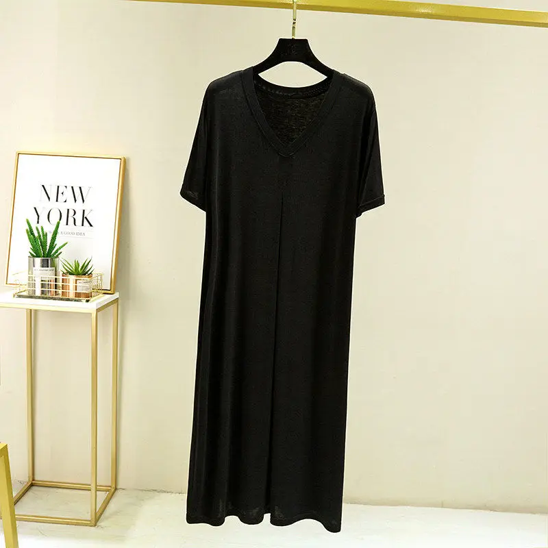 Summer Women's Modal V-Neck Loose Short Sleeve Home Dress A-Line Midi Skirt Thin Fabric Comfortable Sleepwear Casual Gown
