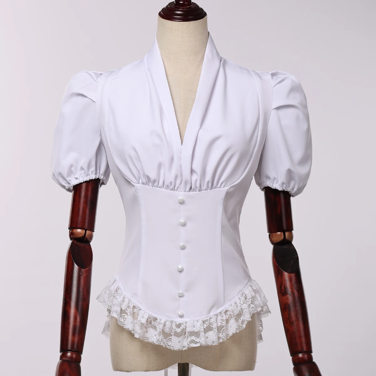 Vintage Victorian Blouse for Women Short Sleeve V Neck Lace Chiffon Slim Corset Shirt Tops