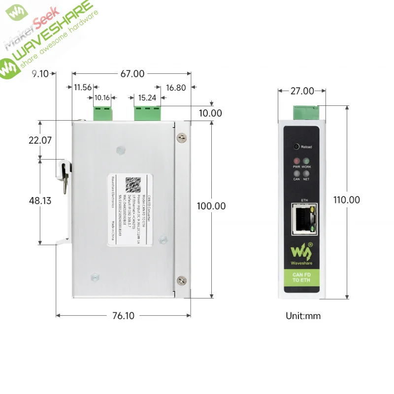 SKU-32598 Waveshare CAN FD محول البروتوكول، CAN FD إلى ETH اتصالات البيانات ثنائية الاتجاه، يدعم 5 أوضاع تحويل البيانات