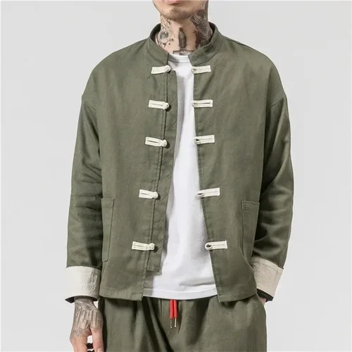 Imagen 1 del producto 2025 abrigo Retro tradicional chino para hombre, traje Tang de manga larga de otoño, chaqueta con hebilla y cuello mandarín, camisa de Kung Fu de algodón Oriental