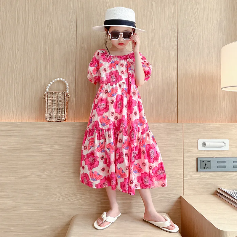 

Girls Dress Summer 2024 Short-sleeve Dresses for Kids Long Style Beach Children Princess Clothes Flower Teenager Costume Clothes