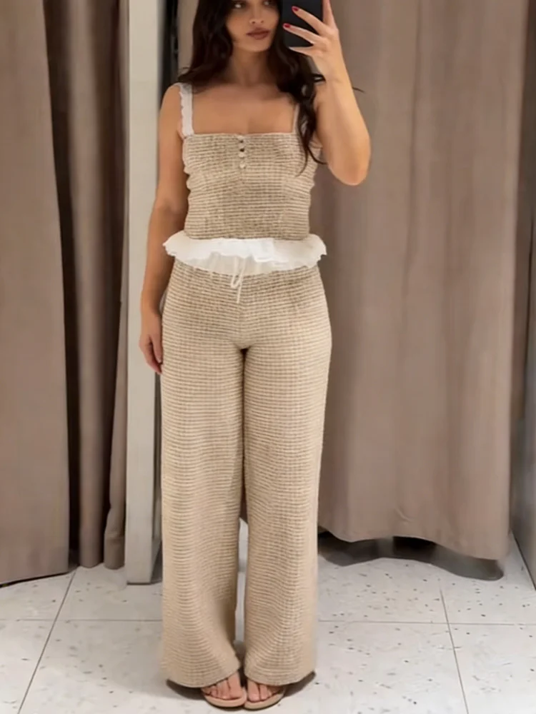 

Elegant Women's Casual 2 Piece Set Spaghetti Strap Ruffle Crop Top Wide Leg Pants Set 2026 NEW Spring Fashion Lady Daily Outfit