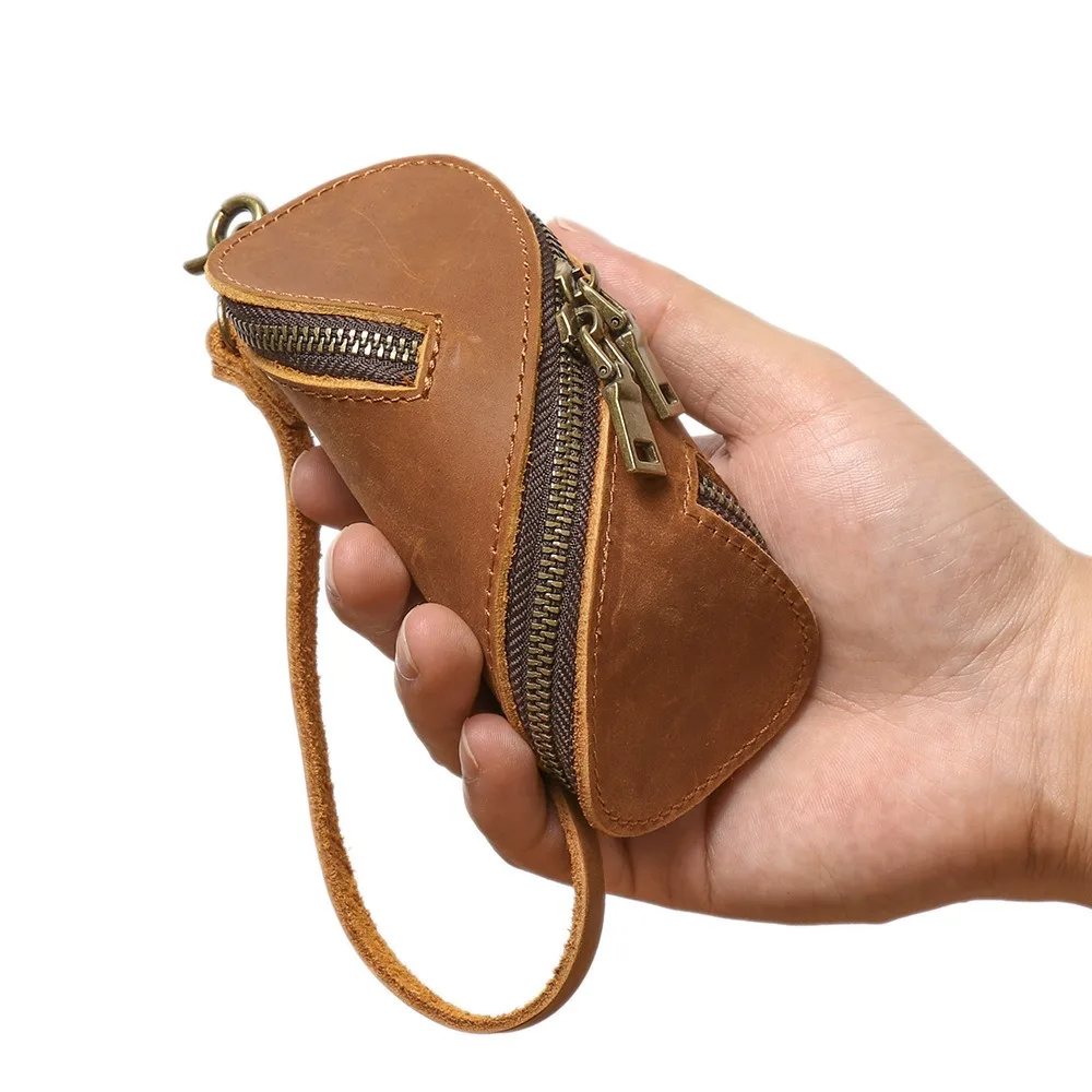 Top Layer Leather PU Leather Key Bag Pure Cowhide Zipper Closure Car Key Coin Purse Carry Design Crazy Horse Cowhide Pouch