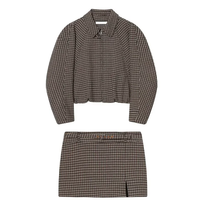 

Jenny&Dave French Elegant Plaid Zipper Jacket High Waisted Mini Skirt Set Skirt Woman Clothing Faldas Bomber Jacket Two Piece Se