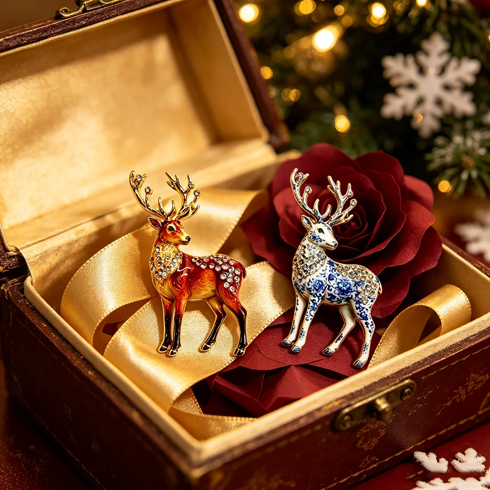 Vintage Emaille Hirsch-Brosche Strass Sika-Rentier Anstecknadel Weihnachts-Tier-Abzeichen Damen Anzug Schal Mantel Mode-Schmuck Geschenk – Detail 6