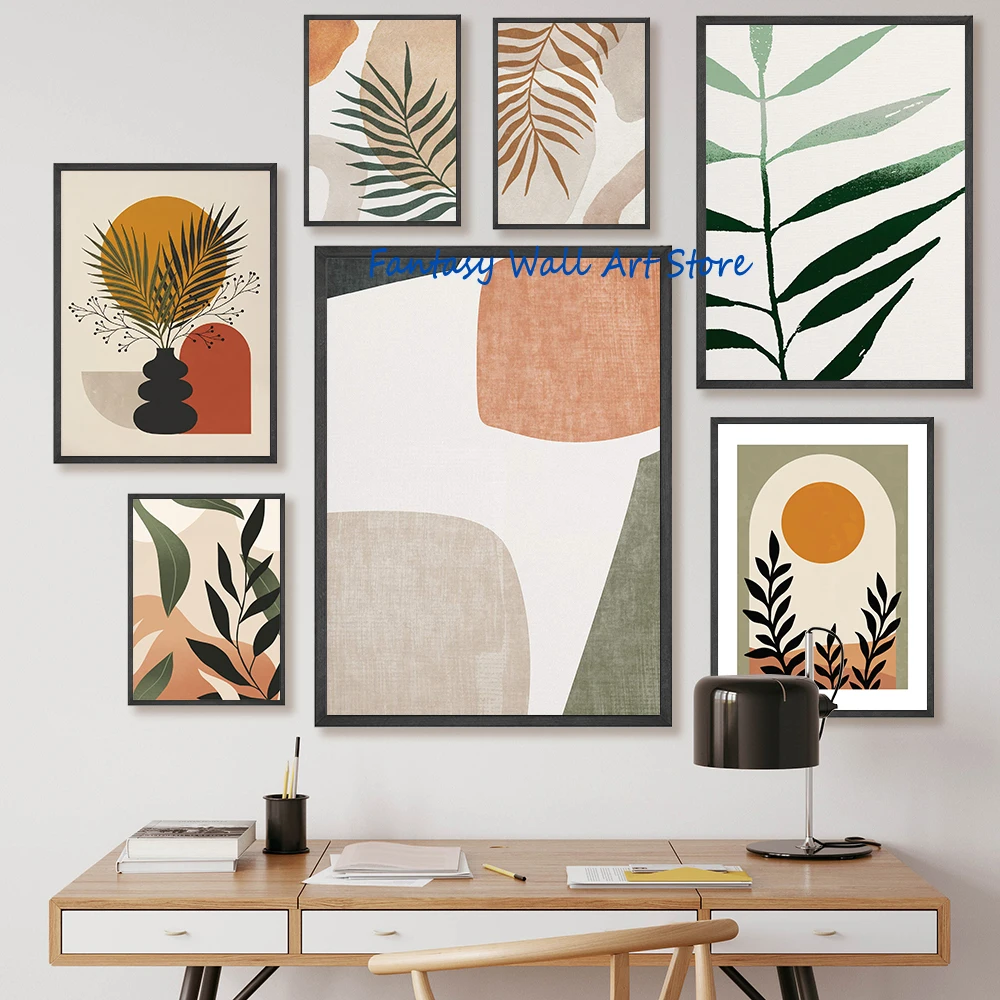 Nordic Abstract Boho Leaves Sun Rainbow Geometry Poster Boho Gallery Wall Art Canvas Printing Home Bedroom Wall Pictures Decor