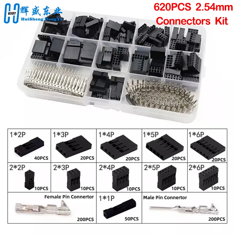 620pcs Dupont Connector 2.54mm, Dupont Cable Jumper Wire Pin Header Housing Kit, Male Crimp Pins+Female Pin Terminal Connector