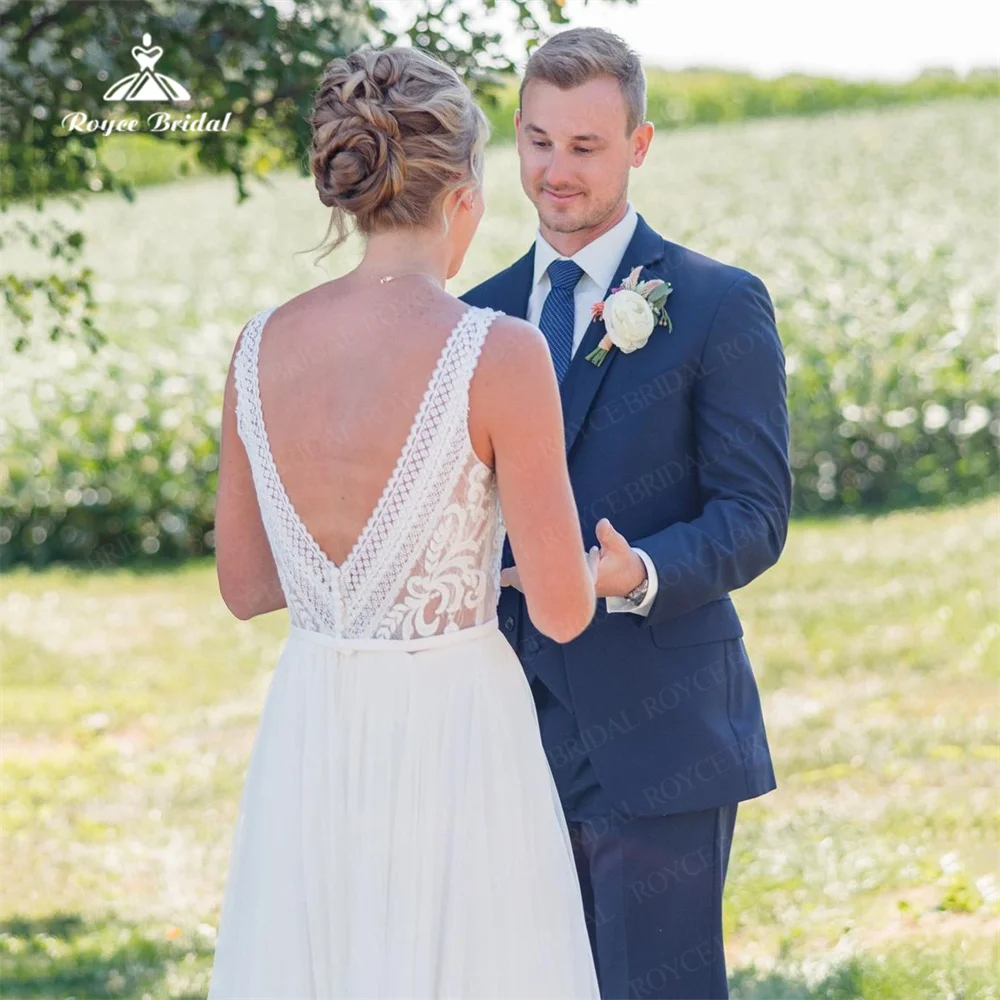 Böhmisches Spitzen-Chiffon-A-Linien-Hochzeitskleid mit V-Ausschnitt, individuell gestaltet, ärmellos, sexy, rückenfrei, formelle Brautkleider, Vestidos de Novia