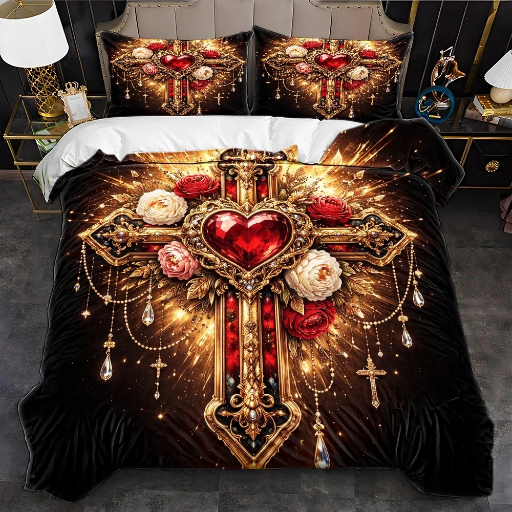 3Pc Luxurious Religious Cross Heart Floral Duvet Cover Set, Three-Piece Bedding Set (1*Duvet Cover + 2*Pillowcases), Suitable for All Seasons, Machine Washable, Vintage Palace Style with Gold Foil Shimmer, Includes Invisible Zipper Double Bed Cover, Suitable for Home, Dormitory, Master Bedroom, Guest Room, Exquisite Crystal Tassel Decor Bedding, European Style Luxurious Wedding Bedroom Duvet Cover Set, Large Size Thickened Skin-Friendly Bedding Set