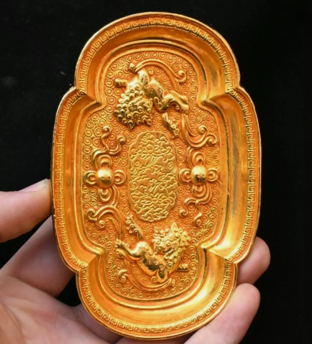 4.7 ''السلالة القديمة البرونزية المذهبة قصر فو فو الكلب الحرس علبة الأسد طبق لوحة #2