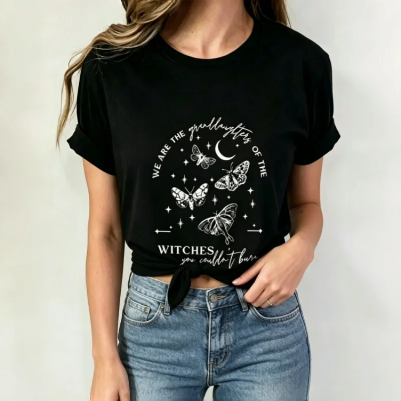 Y2K Celestial Moth Moon Star Print T-Shirt Women Loose Fit Black Tee
