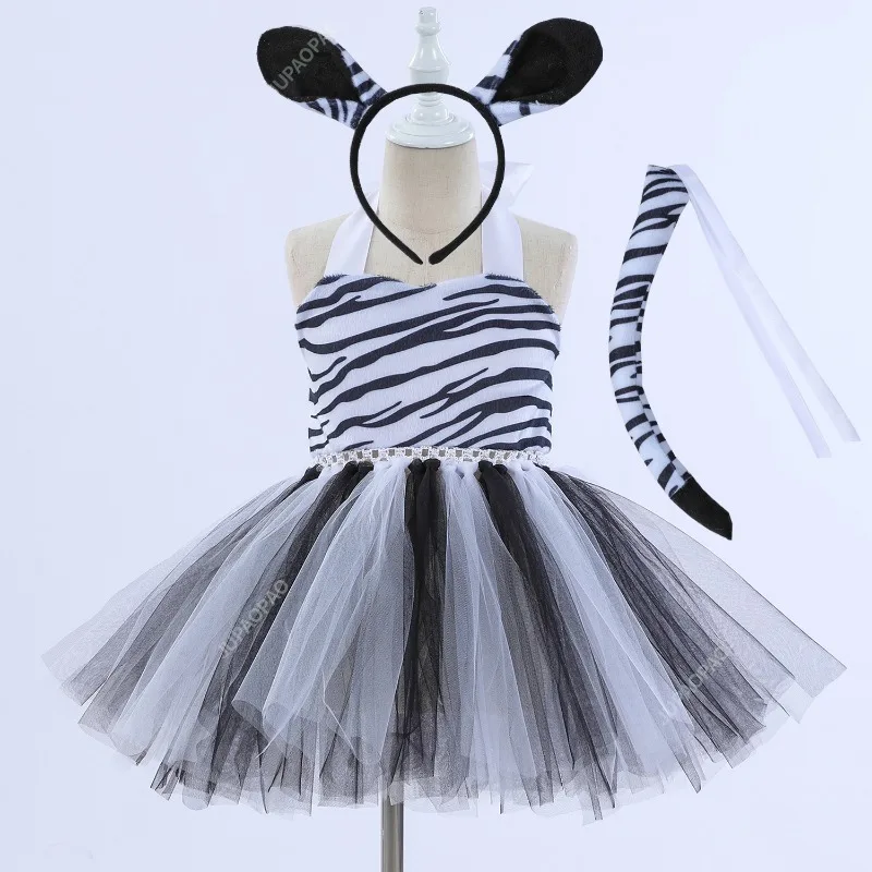 Kids Girls Halloween Dress Up Cosplay Animal Theme Party Zebra Handmade Mesh Tutu Dress With Matching Hair Hoop Tail