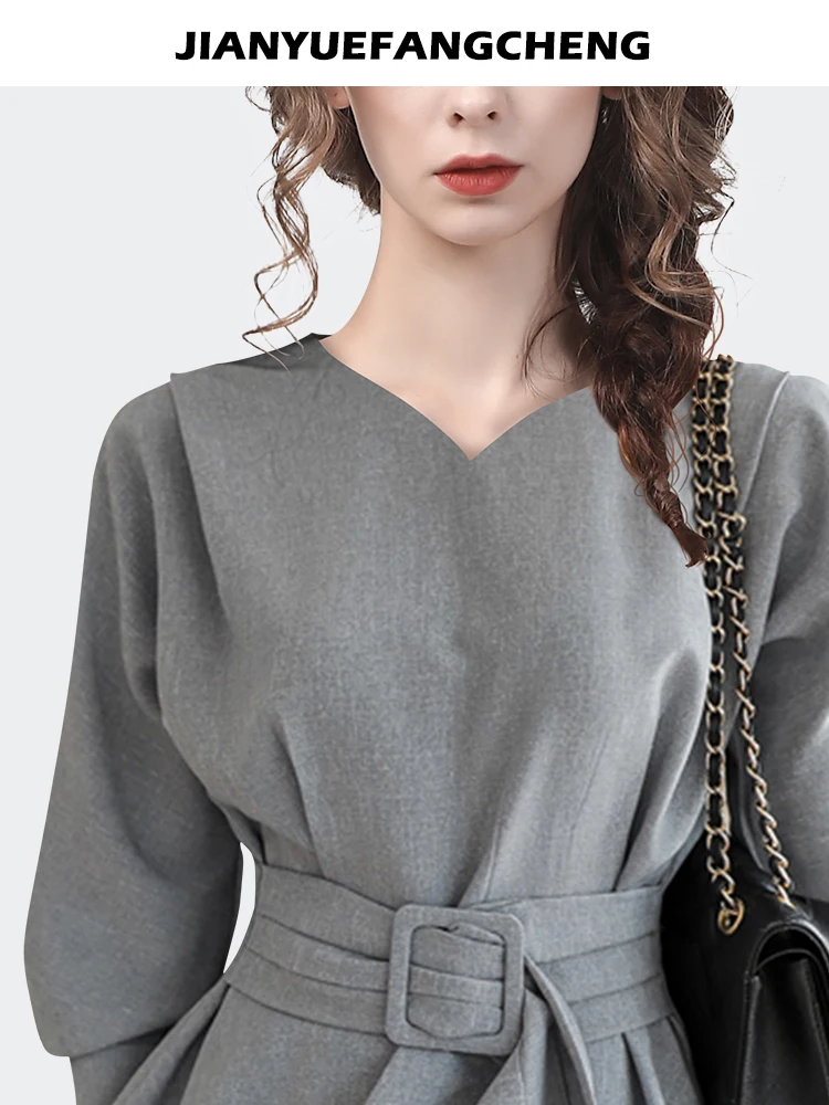 2023 Spring Fashion Women Lantern Sleeve Sweetheart Neck Grey Shirt Asymmetrial Design Belt Lace-Up Casual Working Top Blouses