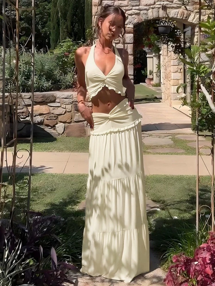 

FDYOUI 2026 Elegant Halter Neck Crop Tops+Long Skirts Matching Sets Women's Ruched Solid Long Maxi Vacation Dress 2 Piece Suit