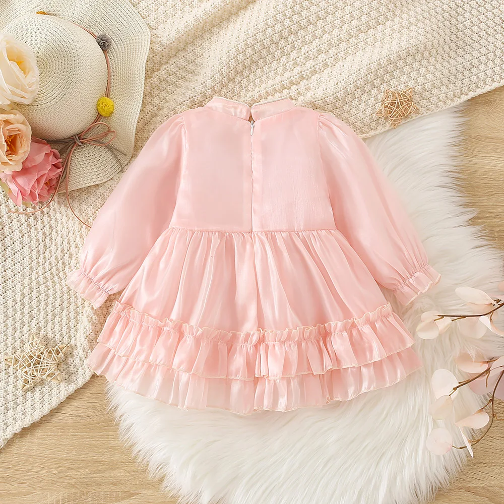 New Girls\' Dress Spring and Autumn Children\'s Small Standing Neck Embroidered Ruffle Edge Pleated Long sleeved Princess Dress