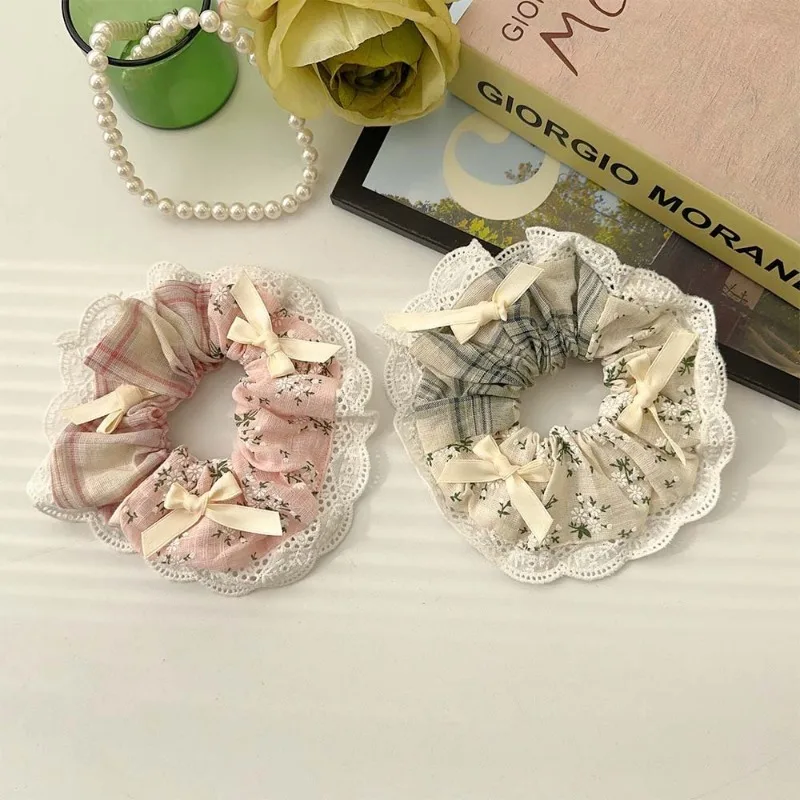 Spring Summer Comely Small Floral Large Intestine Hair Band Mori Sweet Girl Plaid Lace Hair Rope New Female Pastoral Rubber Band