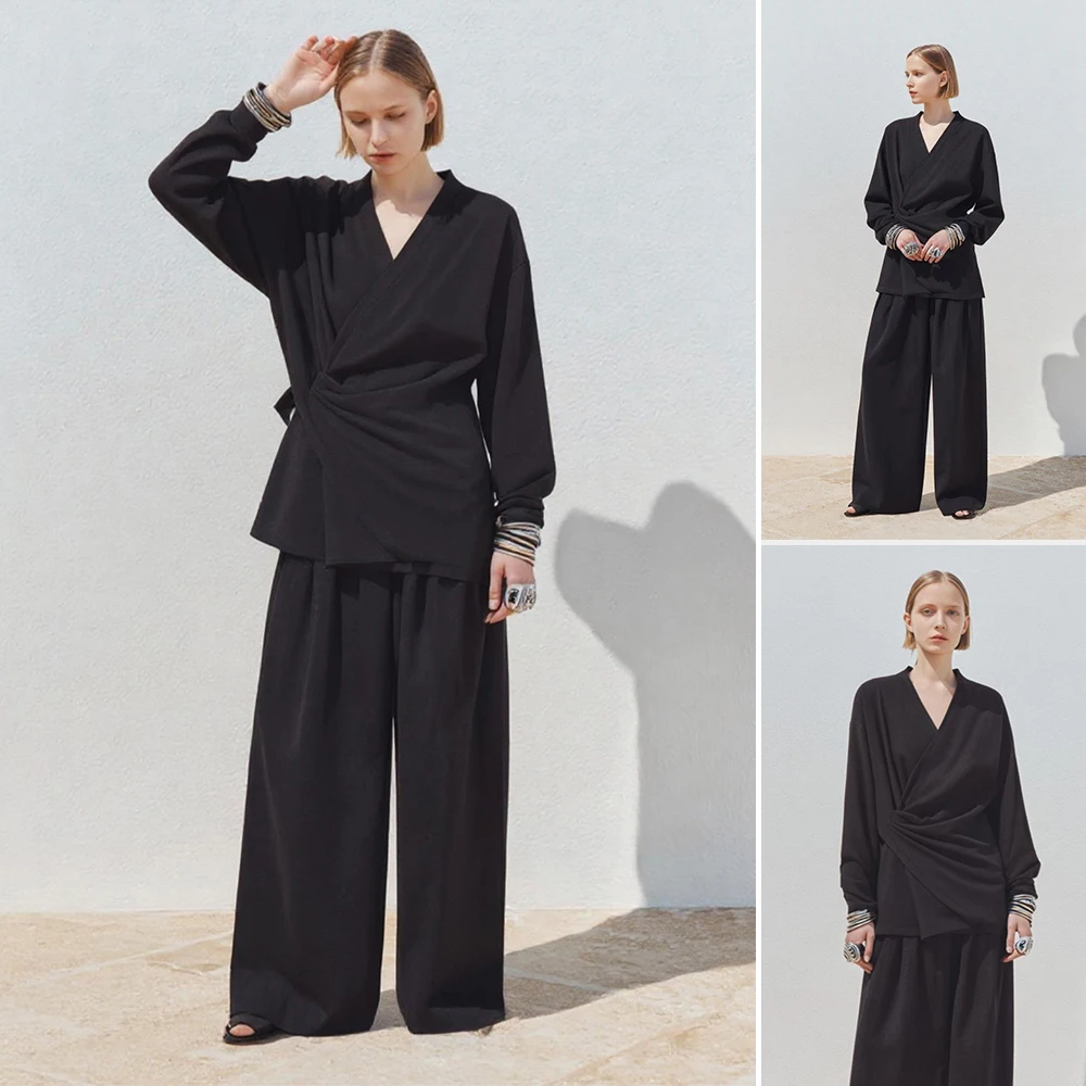 

Mia Muse Boutique женские блузки осенняя мода простой однотонный дизайн с завязками асимметричные повседневные блузки с длинным рукавом и v-образным вырезом