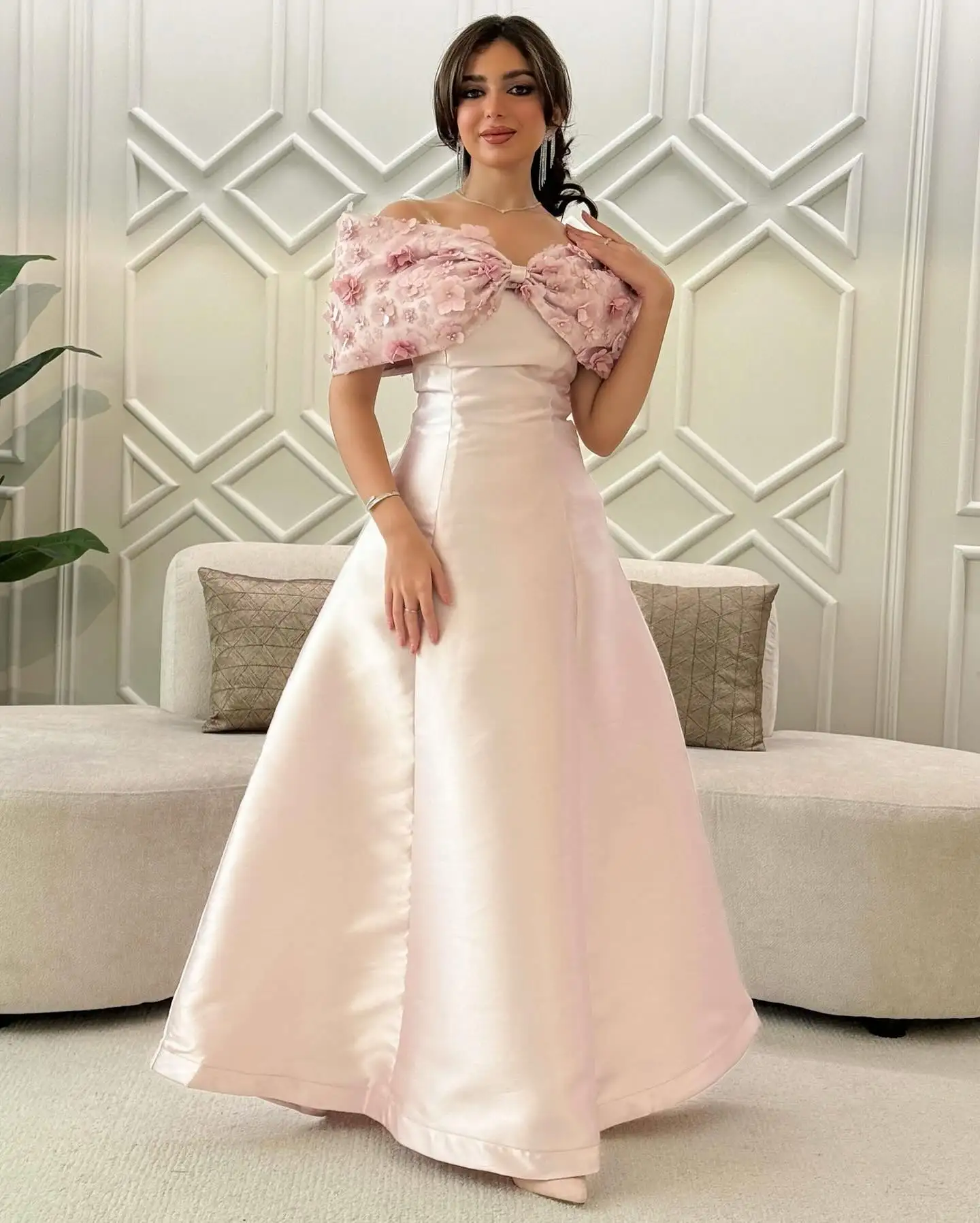 

Customized Exquisite Bow Flowers Pleats Off the Shoulder Evening Dresses Graceful A-Line Satin Party Gowns vestidos de fiesta