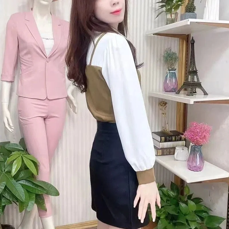 Spring Autumn New POLO Collar Fashion Long Sleeve Blouse Women Elegant Contrast Color Patchwork Pullovers High Street Casual Top