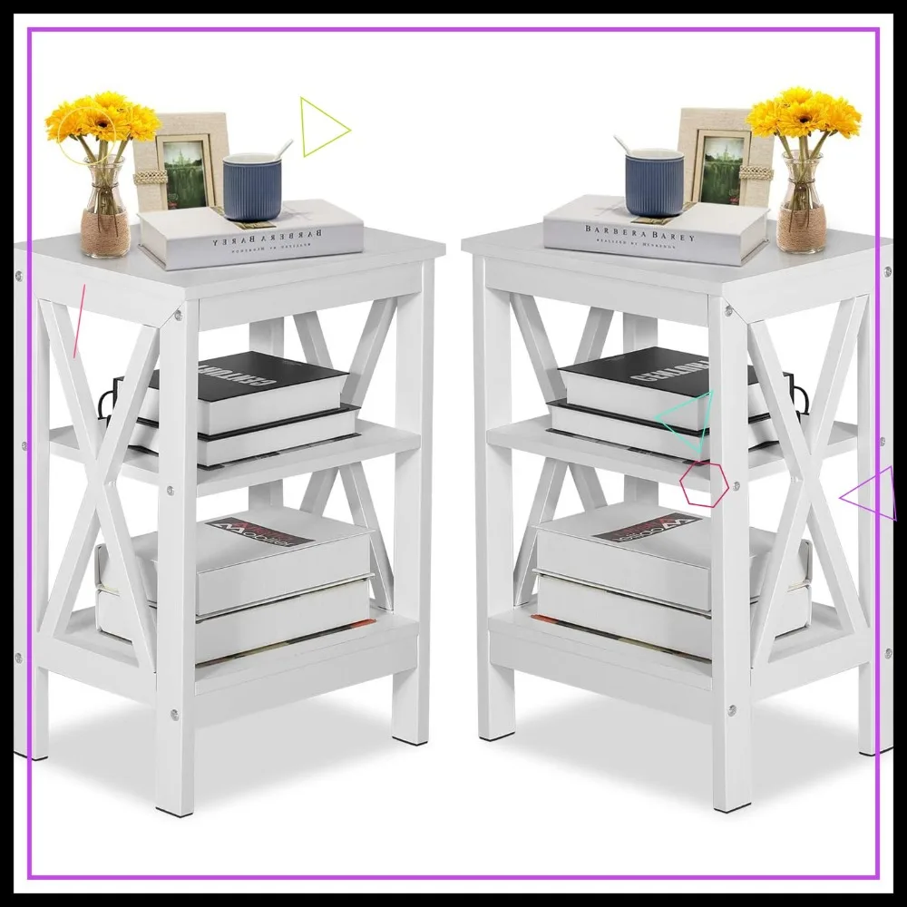 طاولات ليلية حديثة مع رف تخزين، مجموعة من طاولتين بيضاء لغرفة النوم وغرفة المعيشة