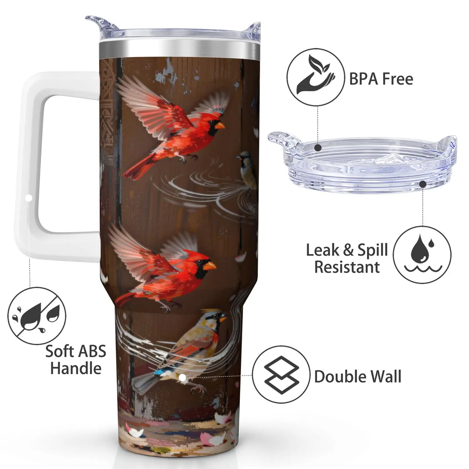 1ps Northern Cardinal Handle Cup Set with Straw | Maximum Capacity 40 Oz, Inner Layer 304 Stainless Steel, Outer Layer 201 Stainless Steel, Seamless Inner Liner, Lid Made of PC Material, Suitable for Home, Office, Outdoor, Sports, and Car Use