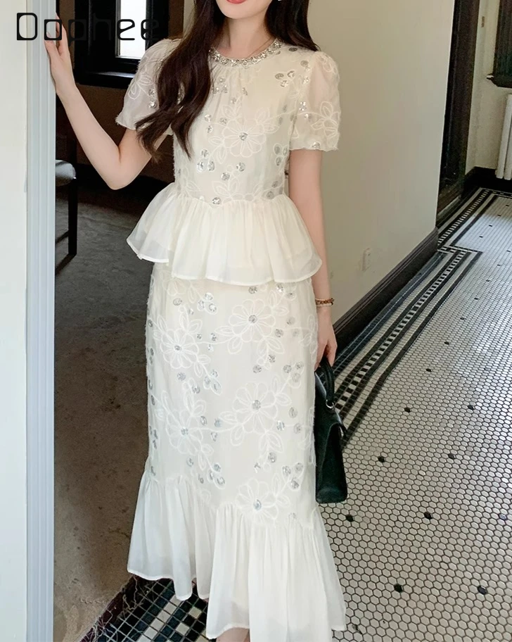 

Summer New French Bead Streamer Yarn Shirt Fishtail Skirt Two Piece Sets Womens Outifits Elegant Celebrity Fashion Skirt Sets
