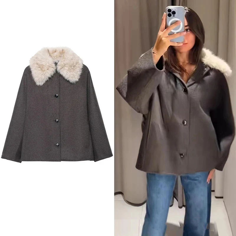 

Vintage Bomber Jacket Coat Women Casual Fur Collar Wool Coats 2025 New Spring Office Chic Long Sleeve Pockets Button Up Jackets
