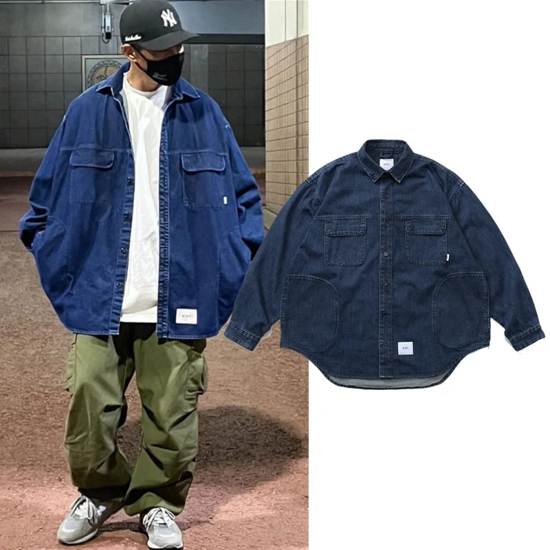 

Wtas Japanese Sle Loose Fit Denim irt Jaet Multi ket Hong Kong Sle Ci Boy Retro Jaet Youth Faion Хлопковое парусиновое платье