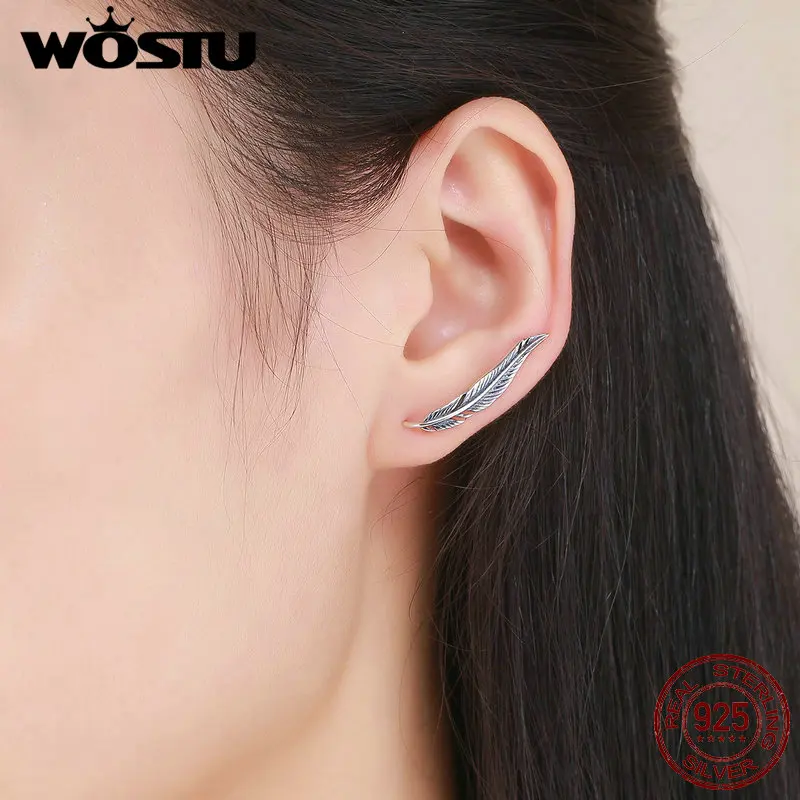 WOSTU 925 Sterling Silver Vintage Feather Wings Cuff Drop Earrings Oxidized Silver Dangle Earrings for Women Gift Fine Jewelry