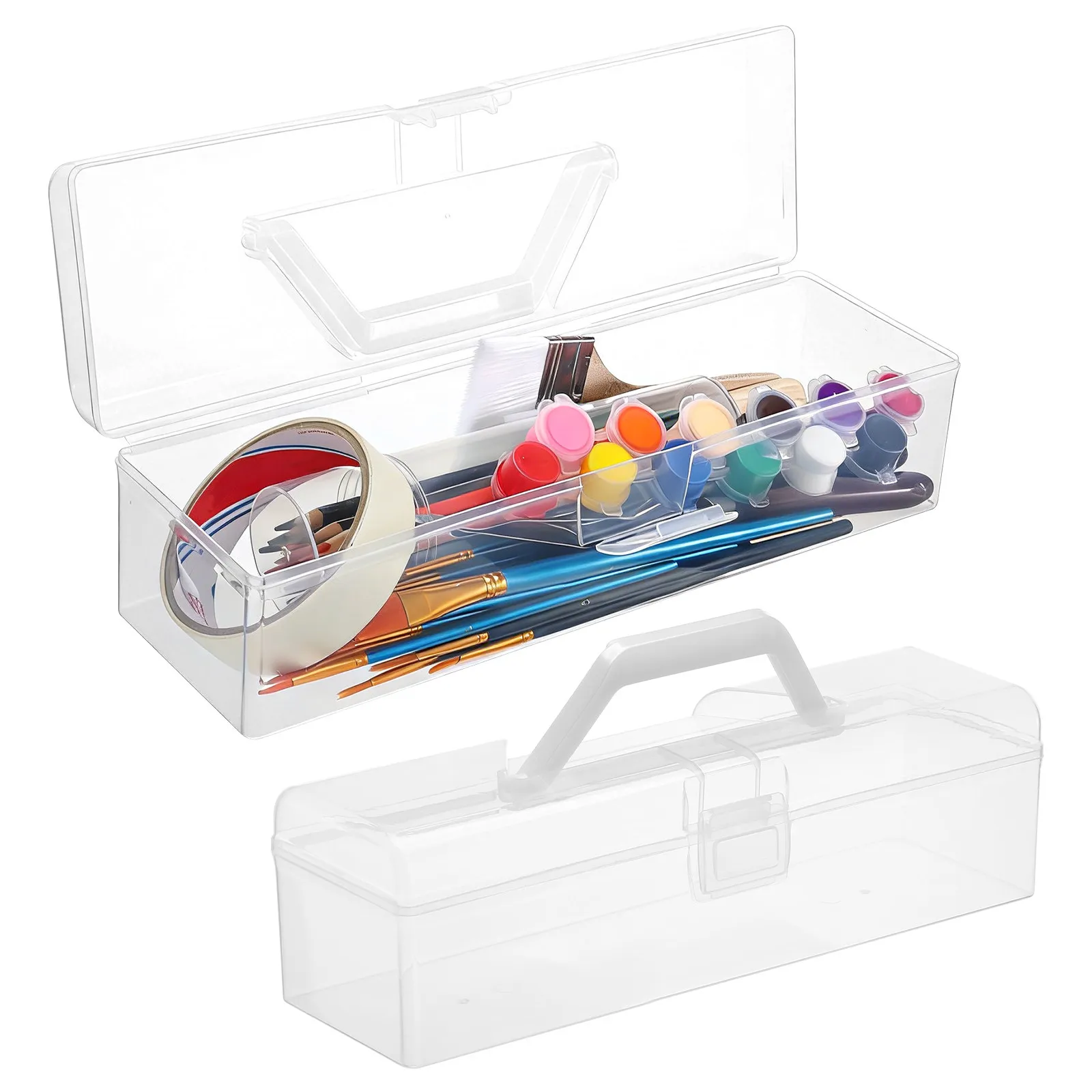 

2 шт. прозрачных утолщенных коробок для хранения с ручкой, портативный органайзер для кистей, художественных принадлежностей, канцелярских товаров и инструментов