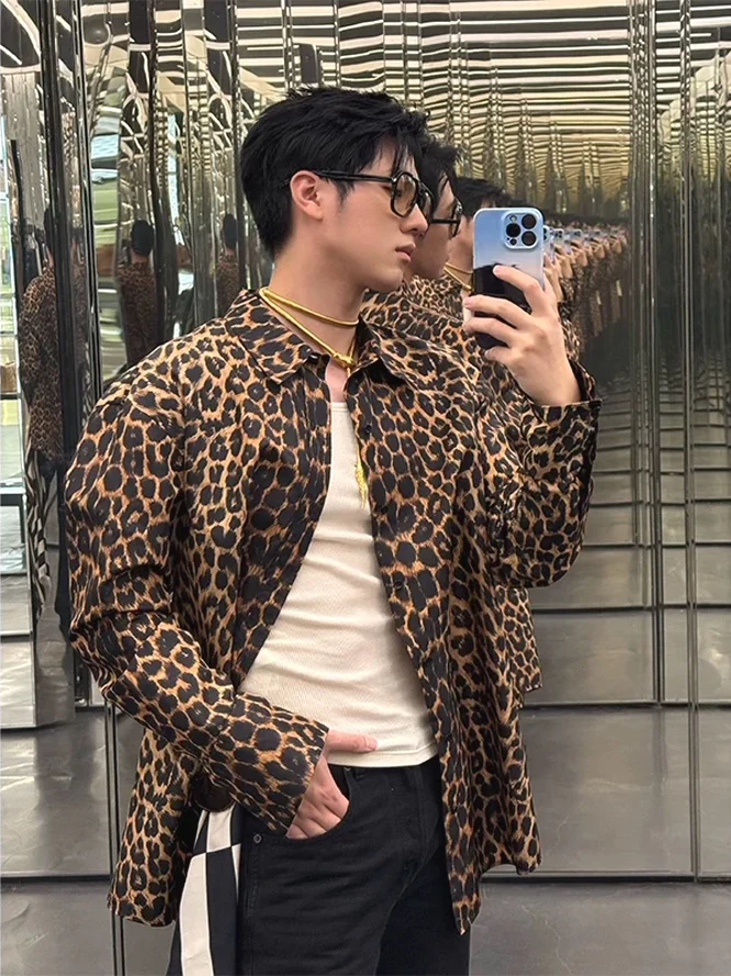 

American Sle Men's Sexy Wild Leopard Print Ice Silk Long Sve Casual Workwear irt Trendy Loose Fit Spring Autumn