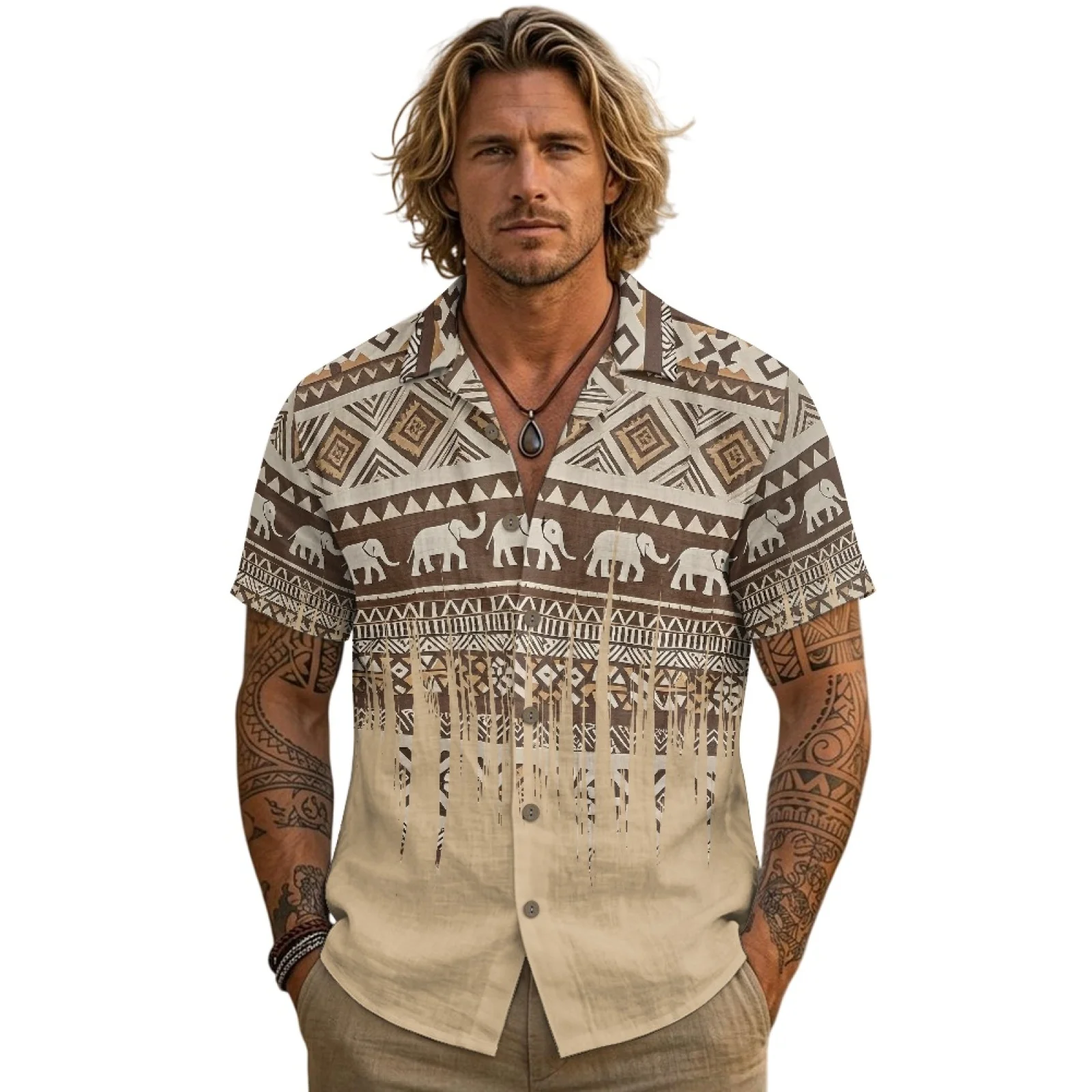 PENSTROLL Geometric Linen Style Mens Hawaiian Shirt for Outdoor Single Breasted Lapel Button Down Men's Shirts