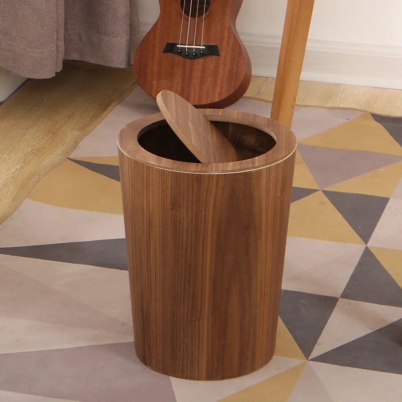 

Wooden Waste Bins Bedroom Large Capacity Trash Cans Modern Living Room Round Garbage Can Nordic Bathroom Litter Bin with Lid