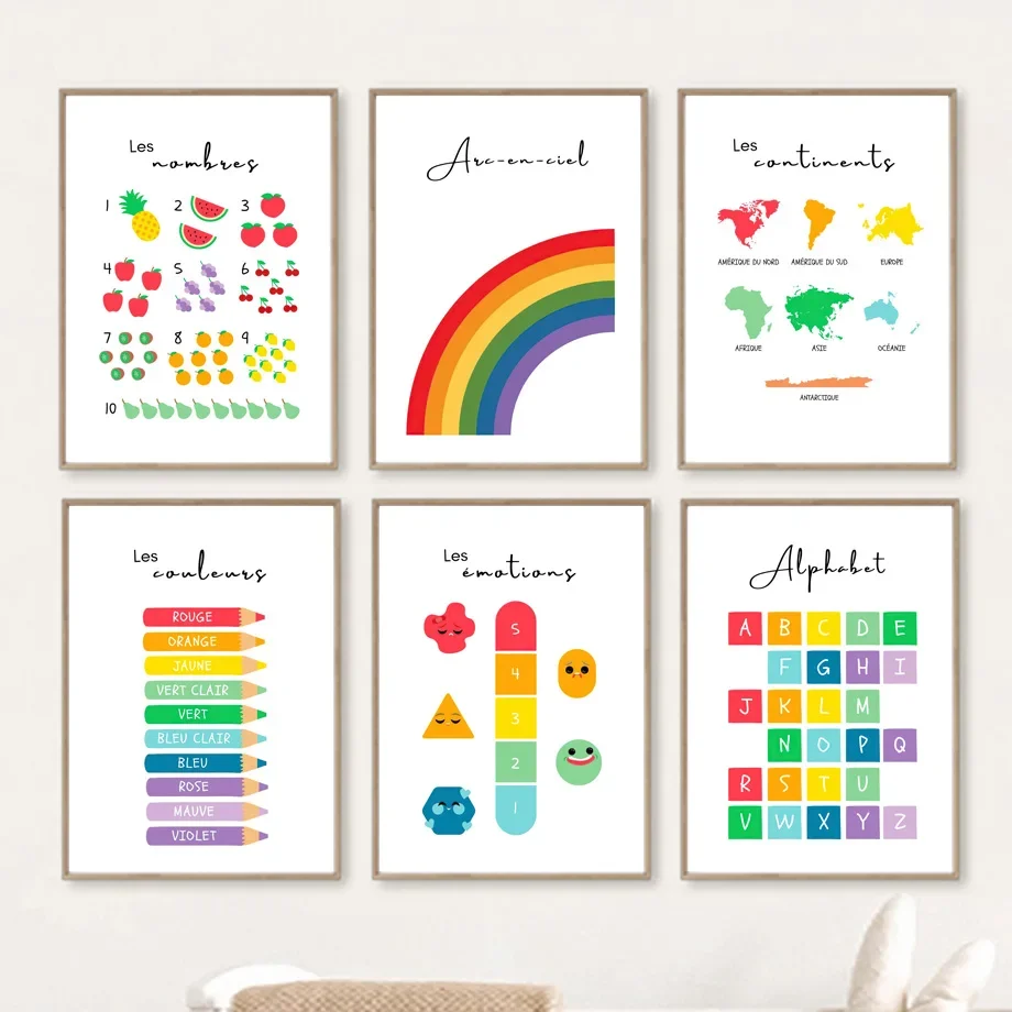 Rainbow Seven Continents Color Season Number Alphabet French Art Canvas Painting Posters Prints Wall Pictures Kids Room Decor