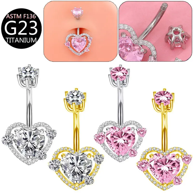 

G23 Titanium Navel Piercing Ring 14G Zircon Heart Belly Button Ring for Women Hypoallergenic Navel Piercing Ombligo Jewelry