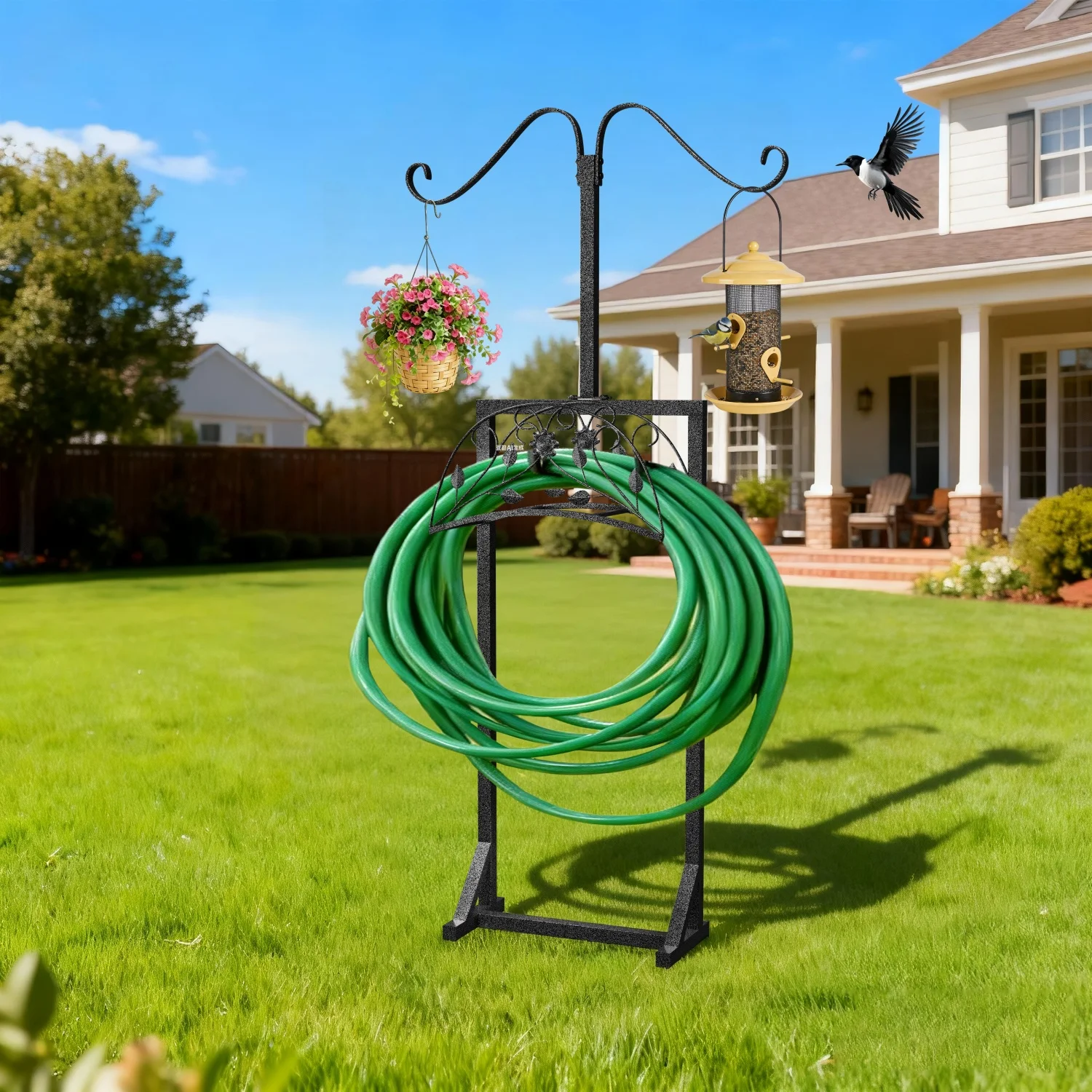 Freestanding Heavy Duty Garden Hose Holder with 4 Spikes & 2 Shepherds Hooks Water Hose Storage Stand for Yard Lawn