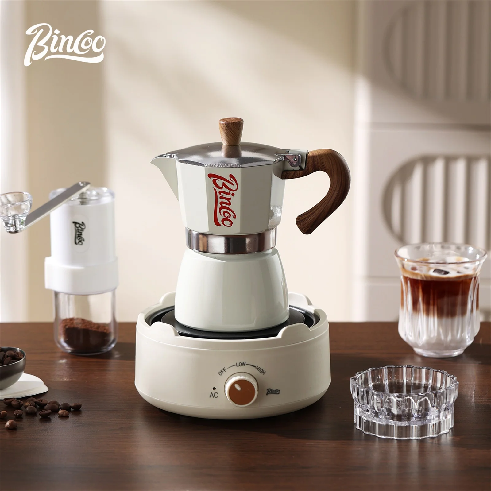 وعاء Bincoo Moka وموقد كهربائي كومبو ماكينة الاسبريسو تصميم مدمج للمساحات الصغيرة لتخمير القهوة على الطراز الإيطالي الغني