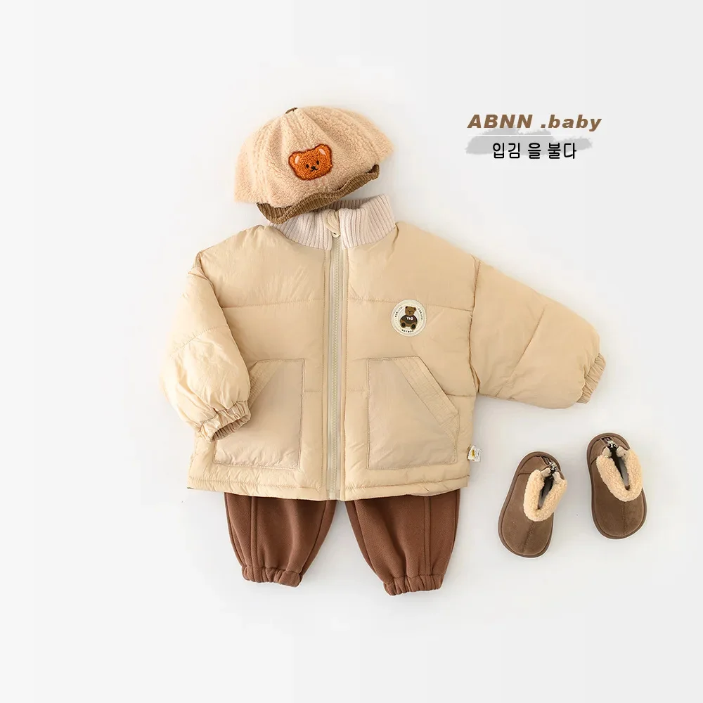 Winter Baby Korean Jacket Solid Pocket Stand Collar Warm Cotton Quilted Infant Coat Toddler Boys Thickened Parkas