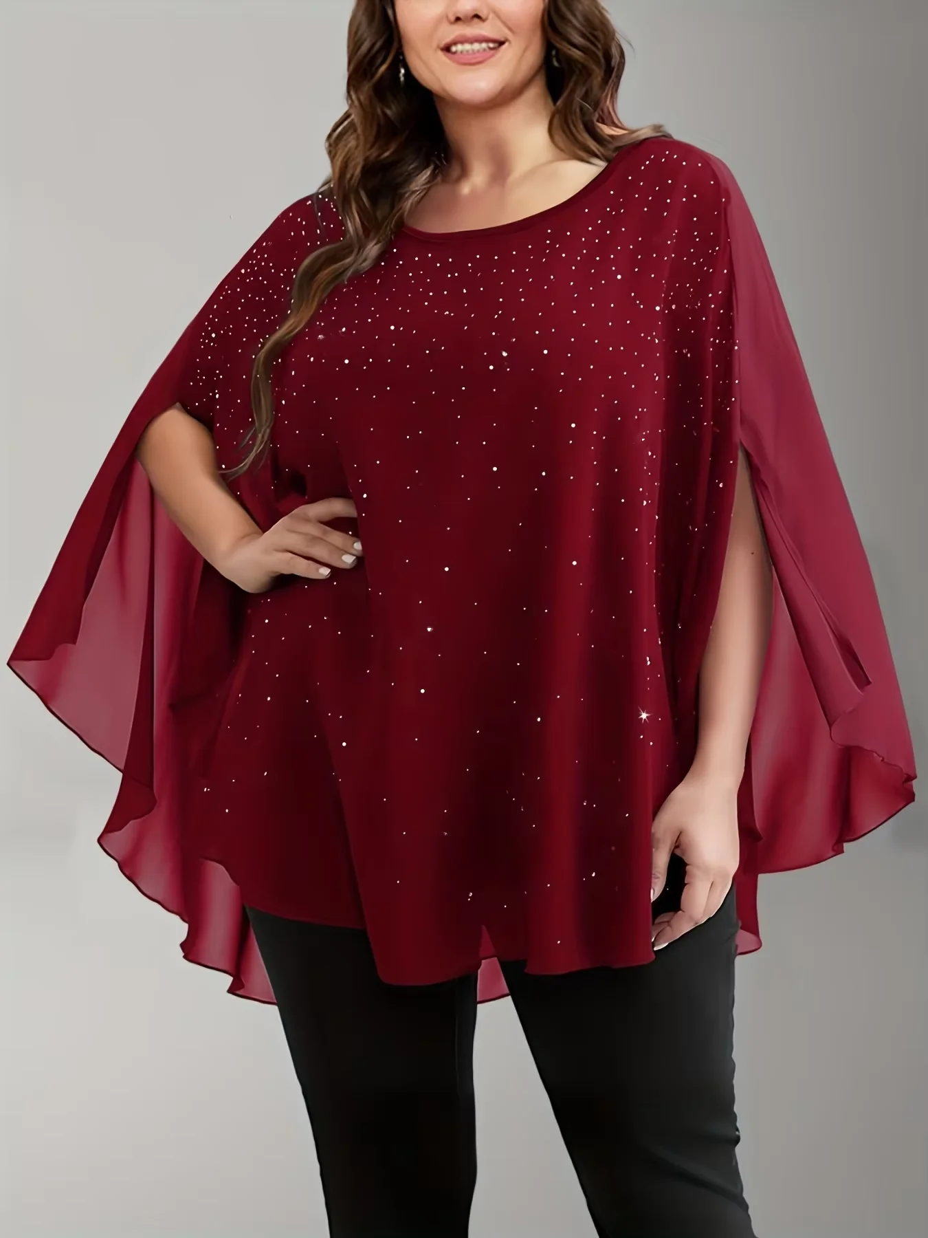 Camisetas elegantes de talla grande de gasa con cuello redondo y lentejuelas y manga acampanada para mujer, camisetas informales Vintage de verano para mujer, camisetas 2025