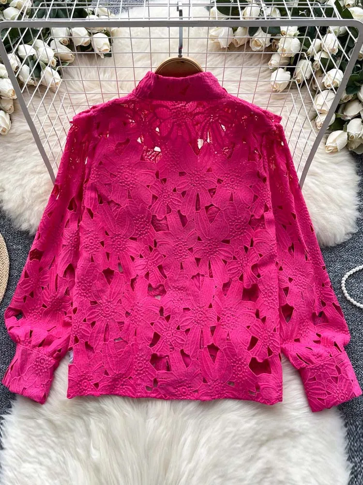 Vintage Lace hollow out blouse for women 2024 Summer Beach Luxury Lantern sleeve shirt Lady Solid color Top Pink INKEO 4T190