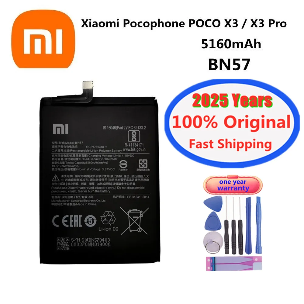 

Оригинальный аккумулятор Poco X3 BN57 для Xiaomi Pocophone Poco X3/X3 Pro X3Pro NFC, 5160 мАч + бесплатные инструменты