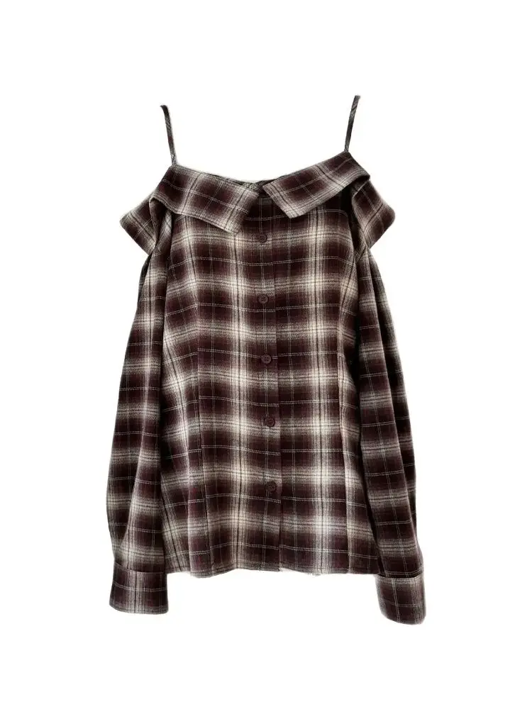 

Women Plaid Strapless Shirts Blouses Y2k Vintage Korean Streetwear Harajuku 2000s Elegant Long Sleeve Shirt Clothes Summer 2024
