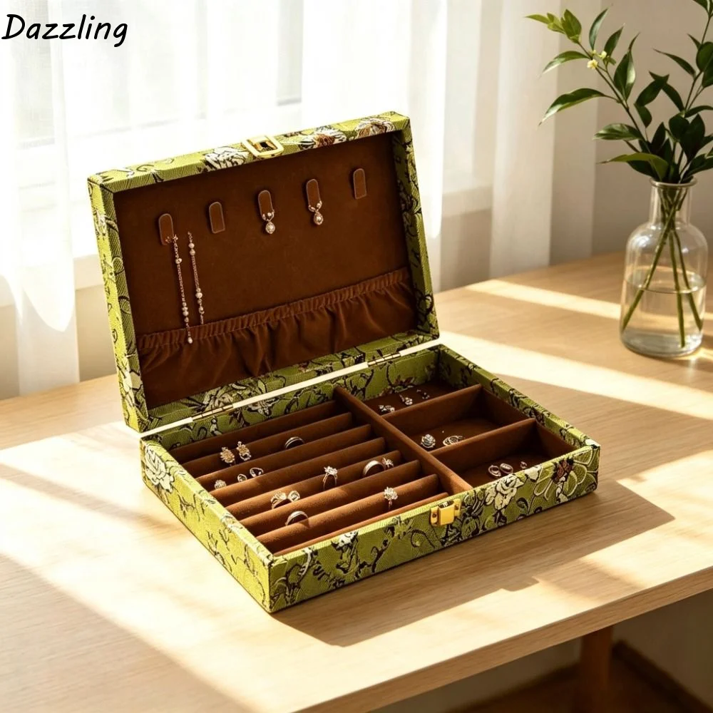 Dresser Decor Retro Wooden Jewelry Box Floral Embroidered Vintage Jewelry Case Luxury Large Capacity Jewelry Container Necklace