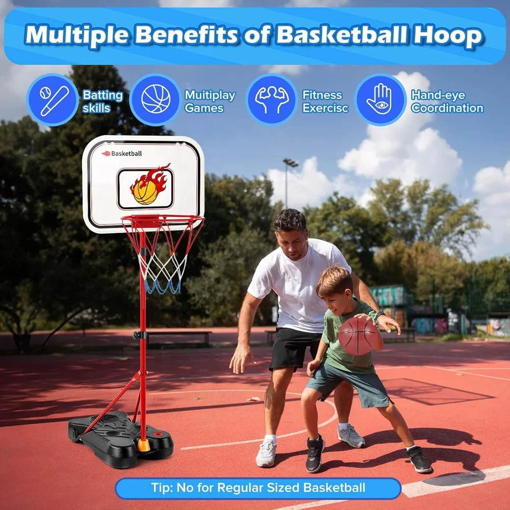 Set Bola Basket Anak 4 in 1 dengan Tiang Gantung, Set Baseball, Stand Bola Basket dengan Tinggi yang Dapat Disesuaikan untuk Olahraga Luar Ruangan, Dalam Ruangan, dan Kolam Renang