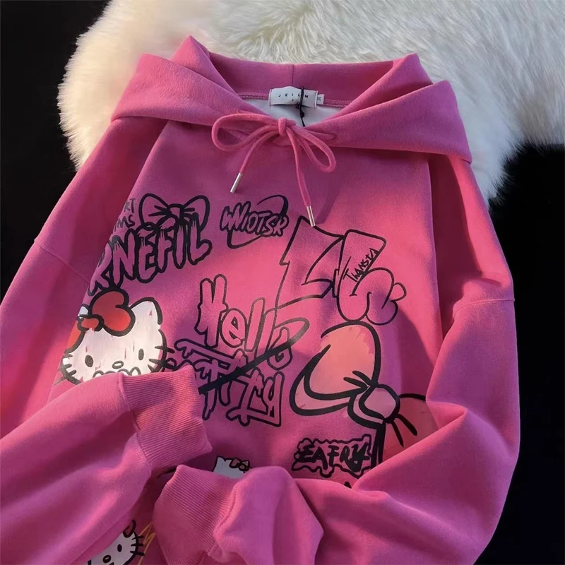 Winter Thickened Sanrios Hellokitty Hooded Sweatshirt for Girls Cartoon Couple Kawaii Plus Velvet Printed Warm Long-Sleeved Top